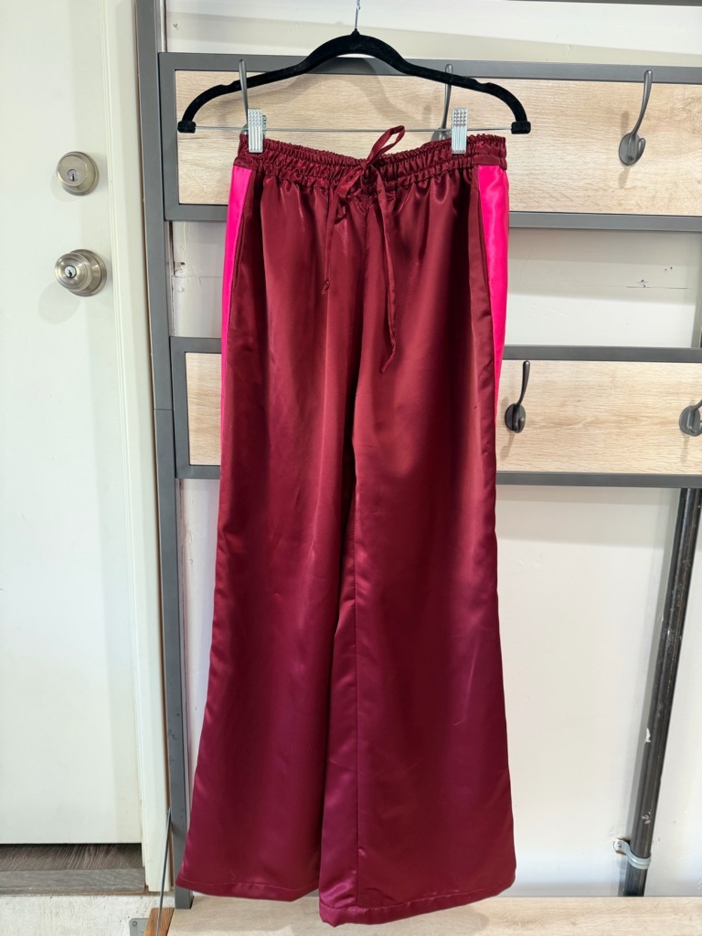 Wide Leg Satin Track Pants in Burgundy with Hot Pink Side Stripe